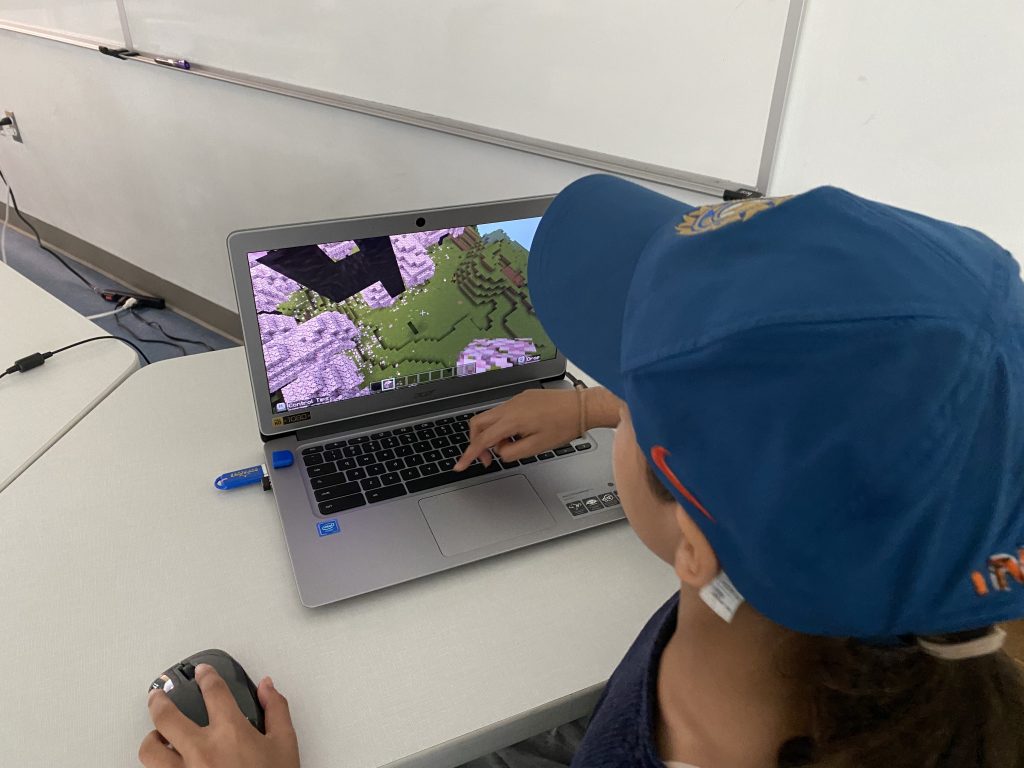 a young boy playing Minecraft on a laptop
