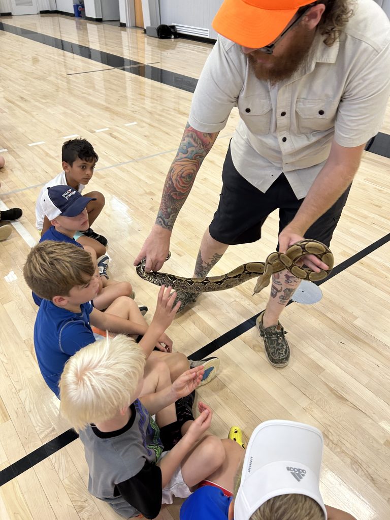 a specialist holding out a reptile to a group of young kids